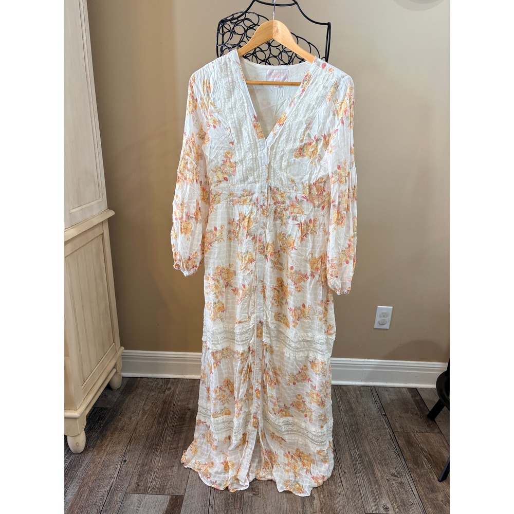 Audrey Parks Prairie Girl Airy Feminine Floral Lace Maxi Dress White Floral S